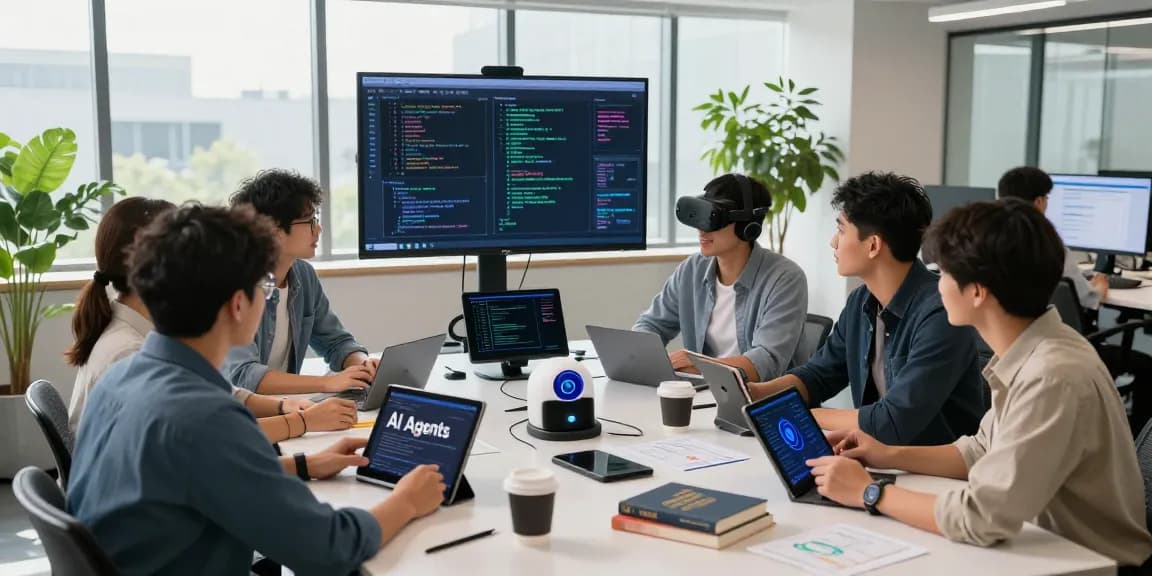 Diverse team collaborating on AI agents development in a modern tech workspace with coding screens.