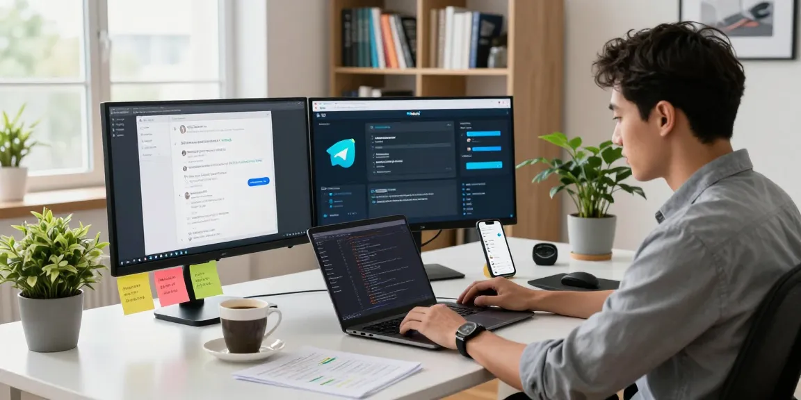 Dynamic workspace showcasing Telegram下载 app development, complete with code and chat interfaces.