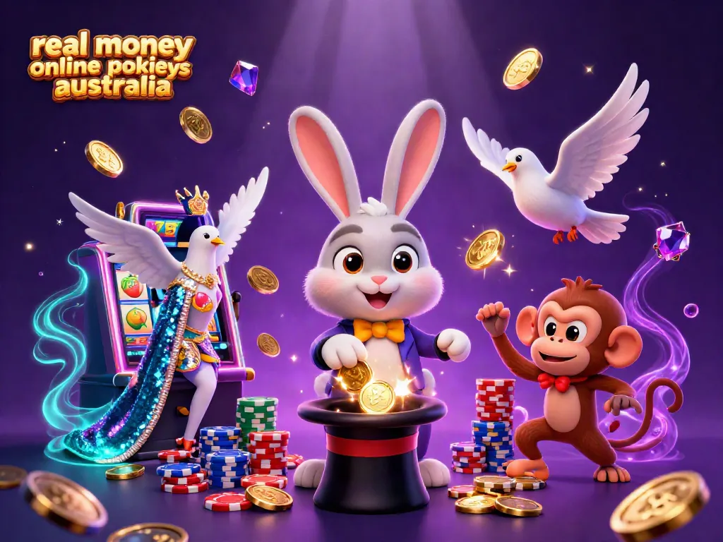 Experience thrilling real money online pokies Australia in vibrant, dynamic 3D casino illustration.