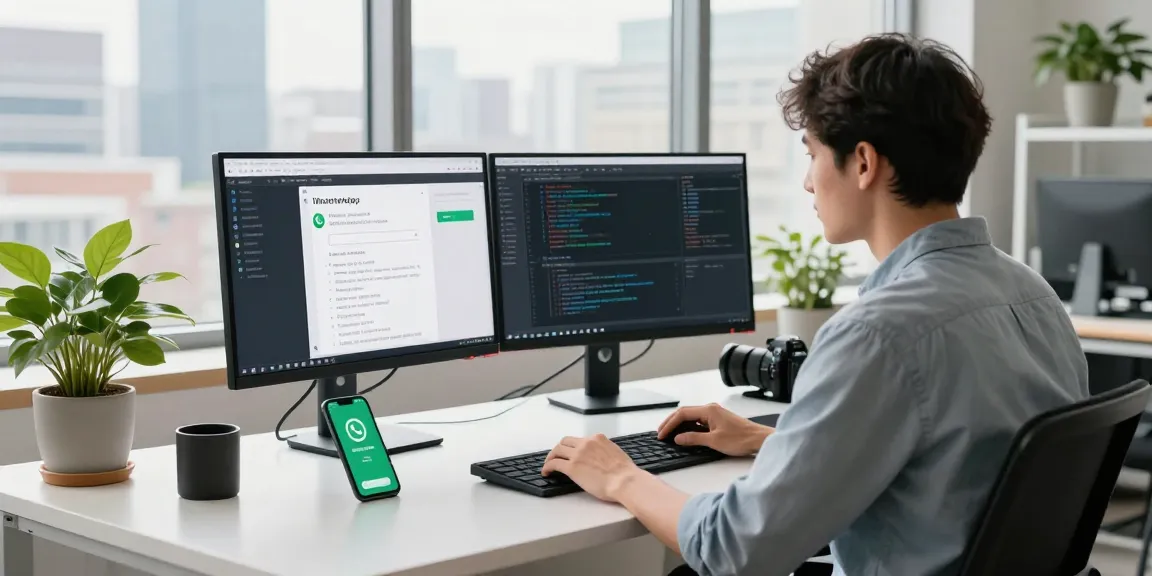 WhatsApp下載 in a tech workspace with developer using dual monitors and smartphone.
