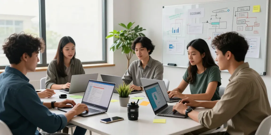 Telegram Download showcased in a dynamic tech workspace where professionals collaborate on devices, embodying innovation and teamwork.