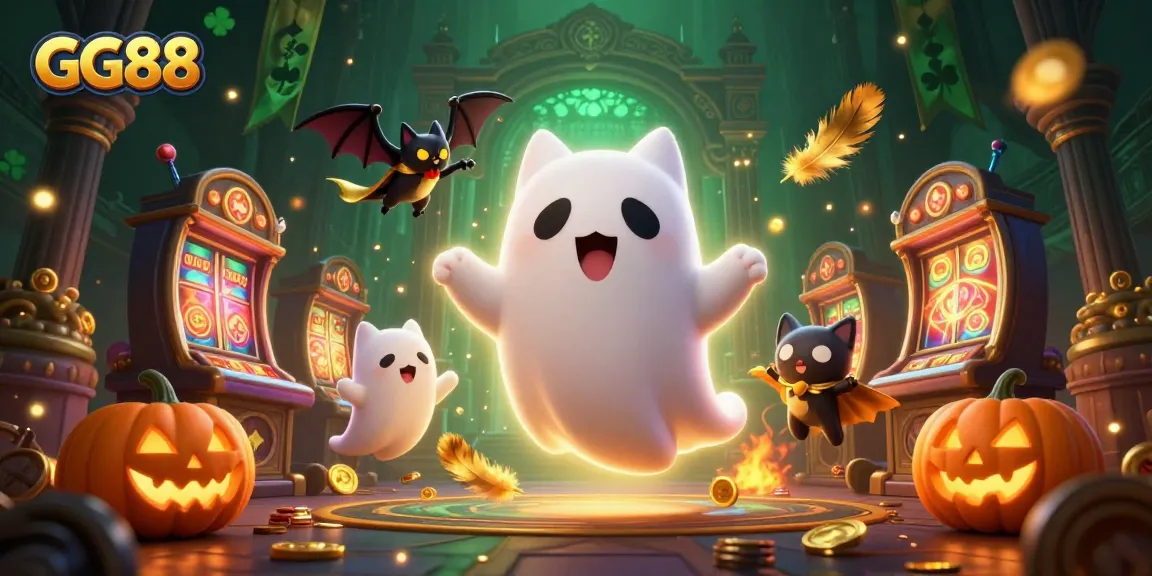 Experience the thrilling GG88 haunted casino adventure with a ghost cat and vampire bat amidst vibrant gaming elements.