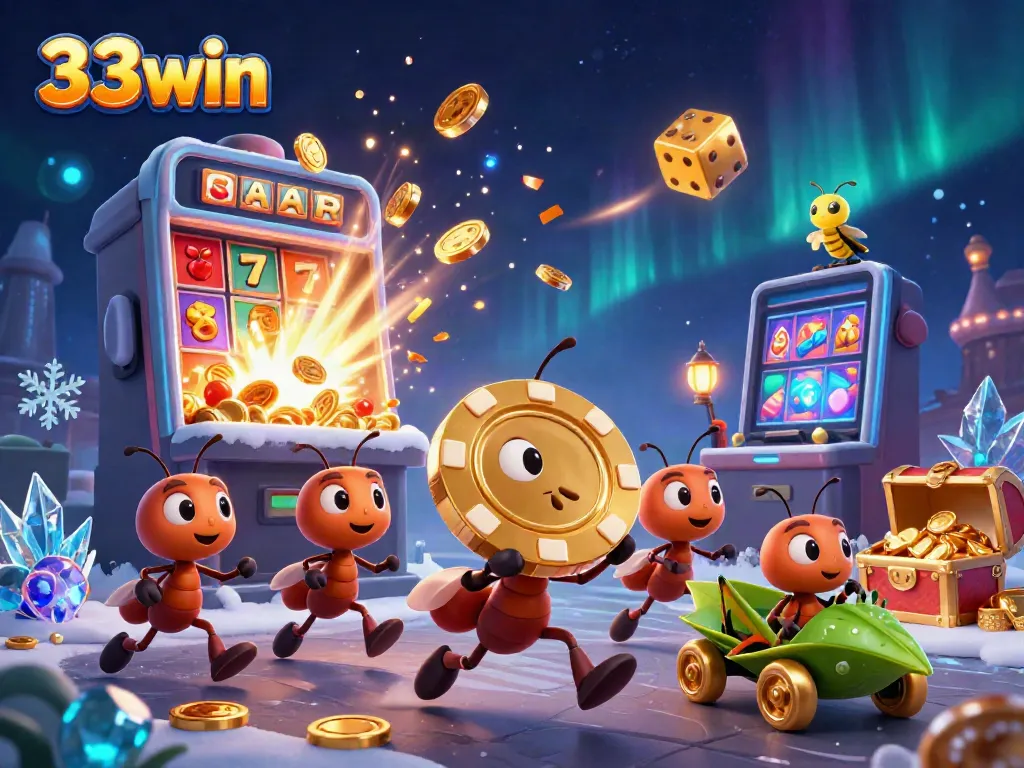 Experience the thrill of 33win with a spectacular heist scene featuring cartoon ants and vibrant casino elements.