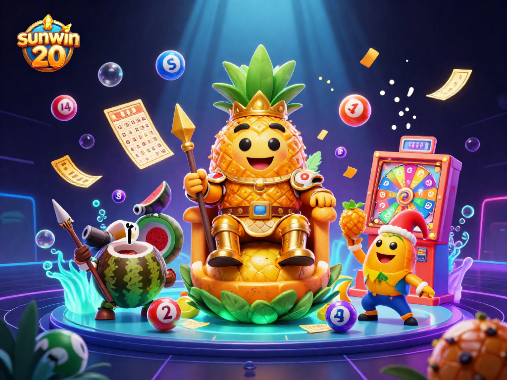 Experience the joy of winning with sunwin 20 at the vibrant beach casino scene featuring the golden pineapple king.