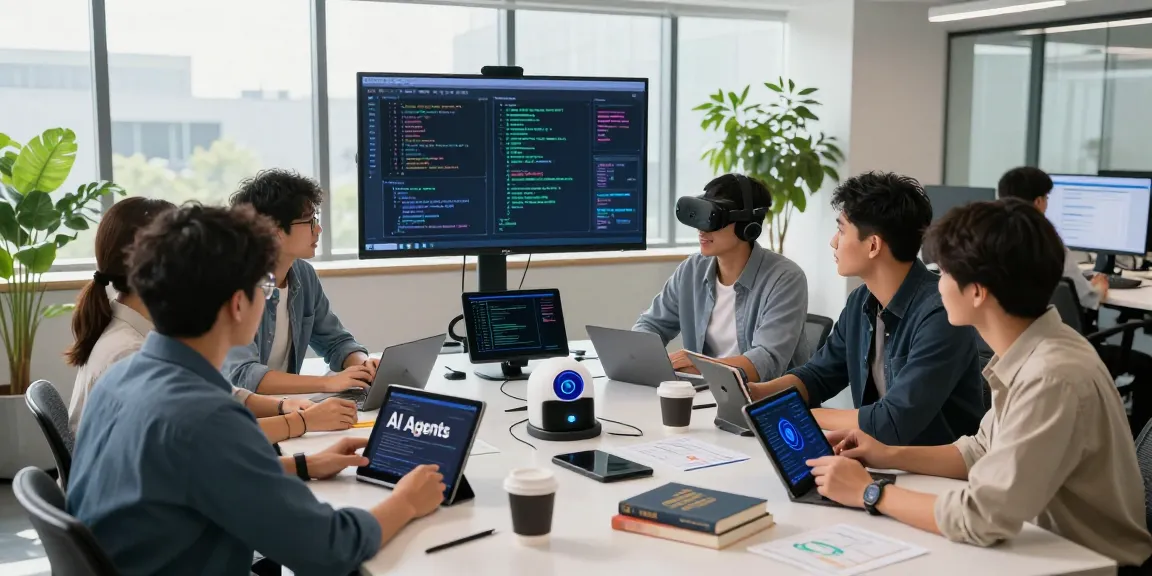 Diverse team collaborating on AI agents development in a modern tech workspace with coding screens.
