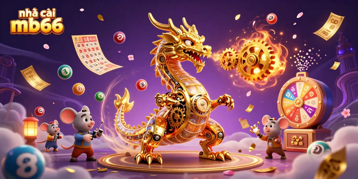 Engage in thrilling gaming experiences with nhà cái mb66, featuring a biomechanical dragon among vibrant lottery elements.