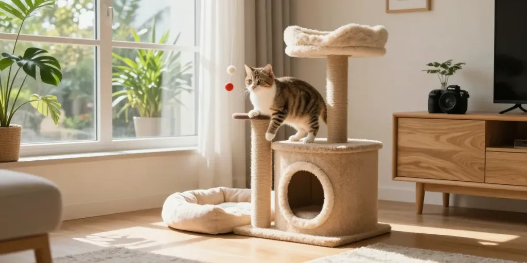 Cat trees in a sunny living room, playful cat climbing high.