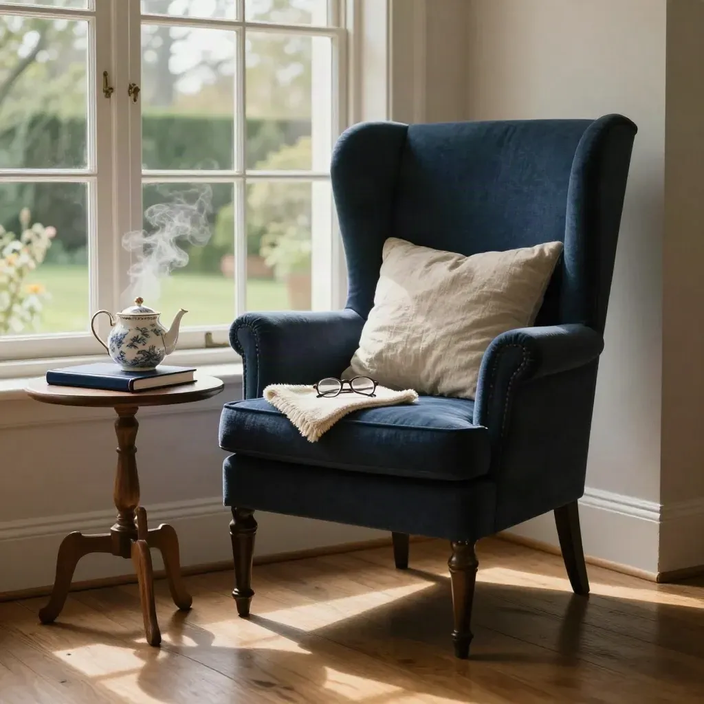 Navy wing chair by a bright window with teapot steam, reading glasses and a closed planning notebook