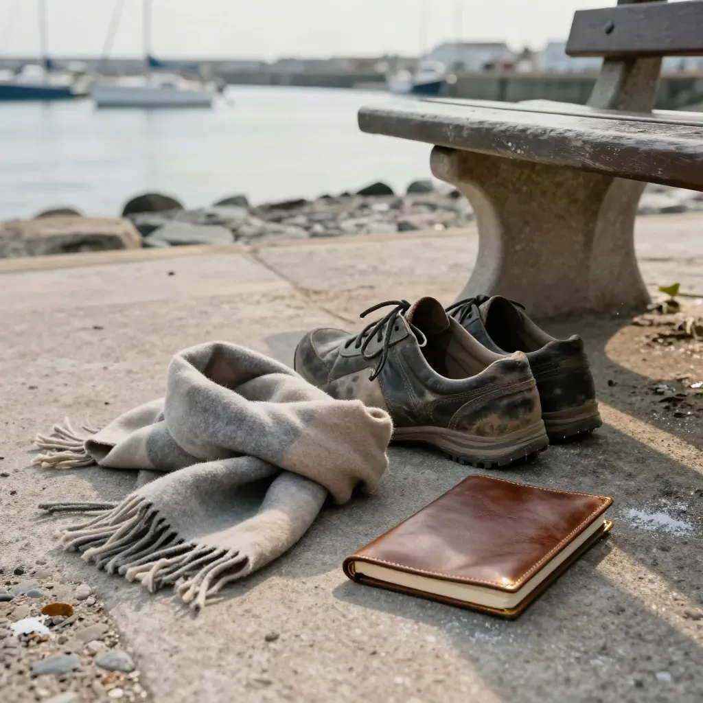 Worn shoes, scarf and notebook by a harbour bench in salt spray