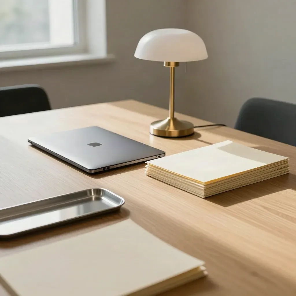 Quiet advisory room with closed laptop, brass lamp, face-down folders and steel tray.