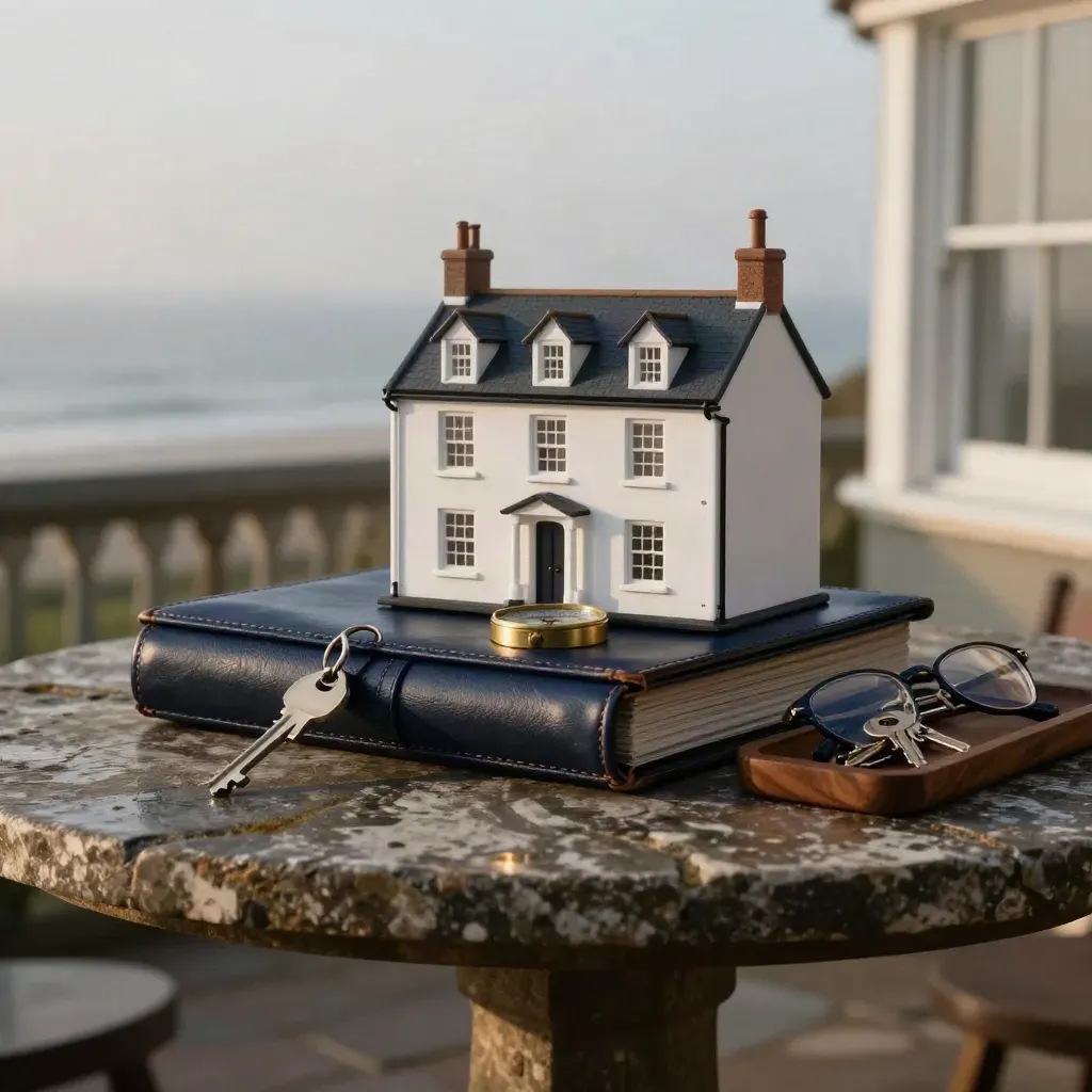 Seaside wealth scene with house model, navy folder, compass, coins and keys on stone in dawn mist.