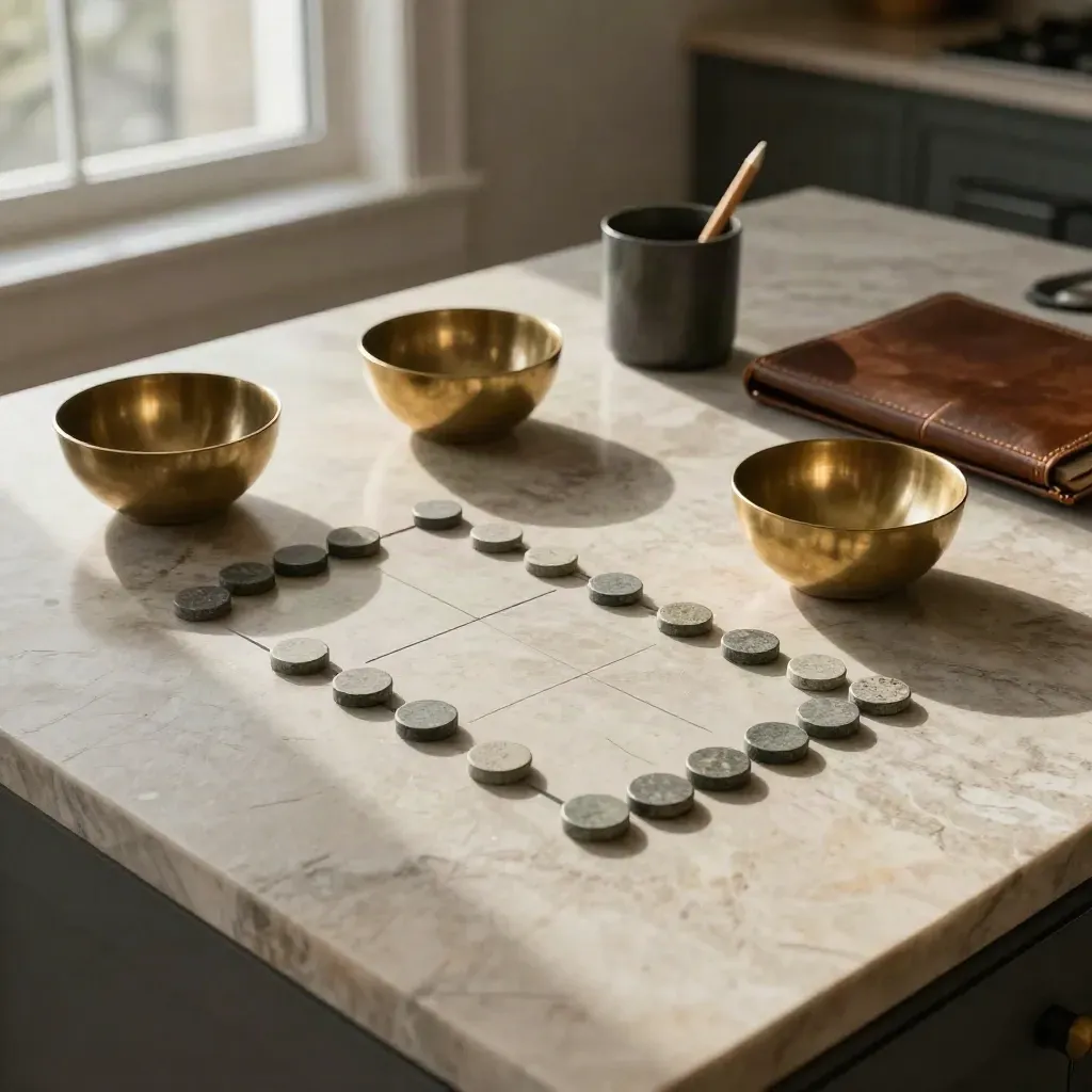 Brass bowls, stone tokens and a ledger folder on a kitchen island in winter light