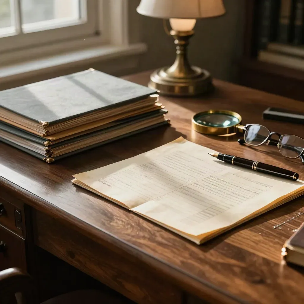 Closed pension folders, reading glasses and a brass magnifier on a walnut desk in warm afternoon light.