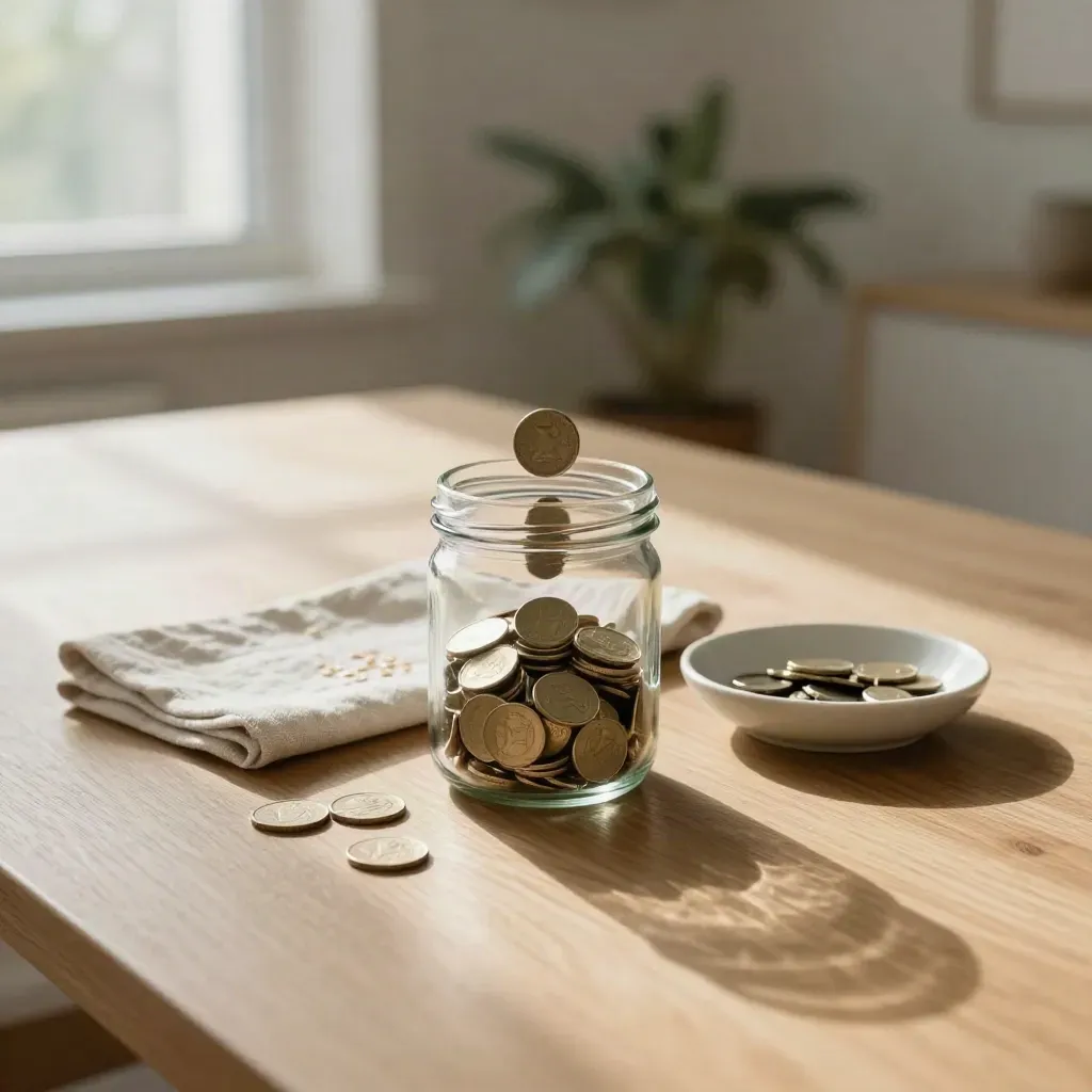 Pale oak table with savings jar, coins, linen napkin and houseplant in bright morning light.