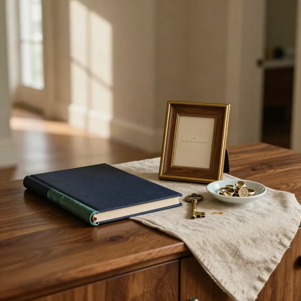 Navy folio, brass keys and signet rings arranged on a walnut sideboard in soft late-afternoon light.