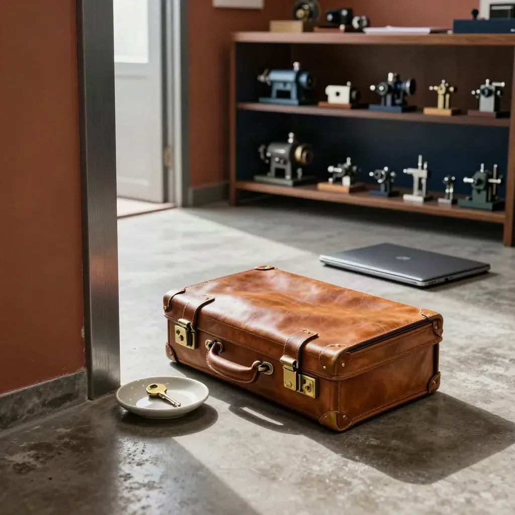 Low floor view of a briefcase, brass key, closed laptop and machinery models in a warm office