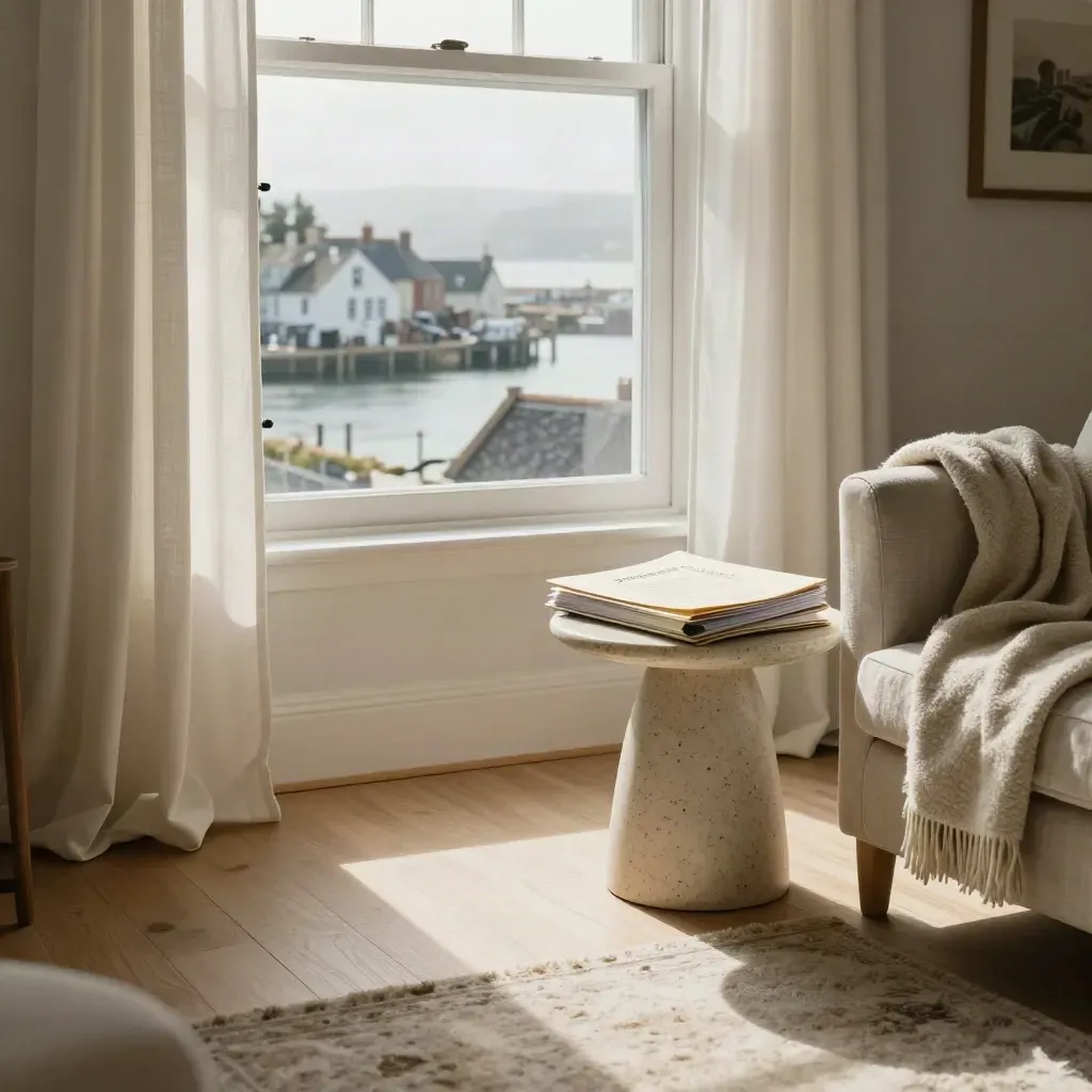 Low-angle coastal sitting room with closed pension folders, armchair throw, and harbour view.