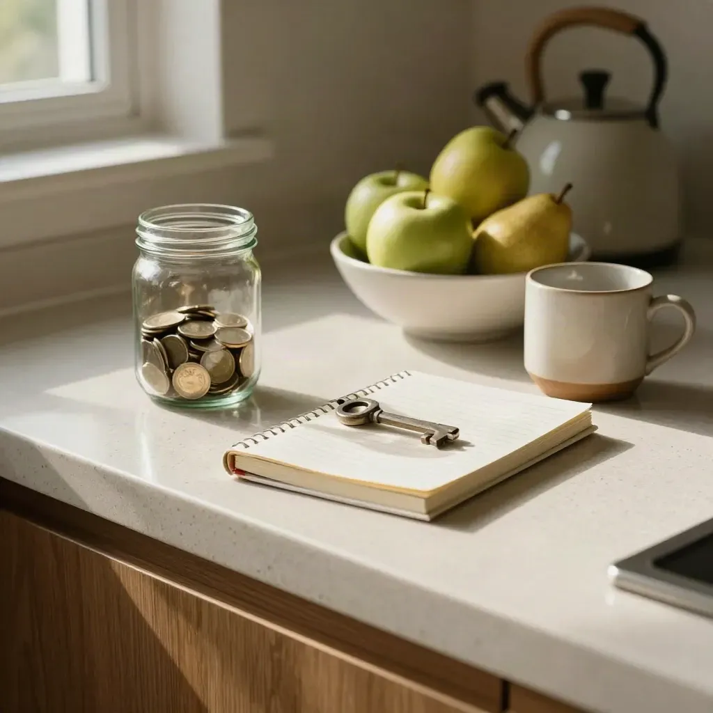 Coins settle in a glass jar beside a closed notebook, fruit bowl, and mug on a bright kitchen counter.