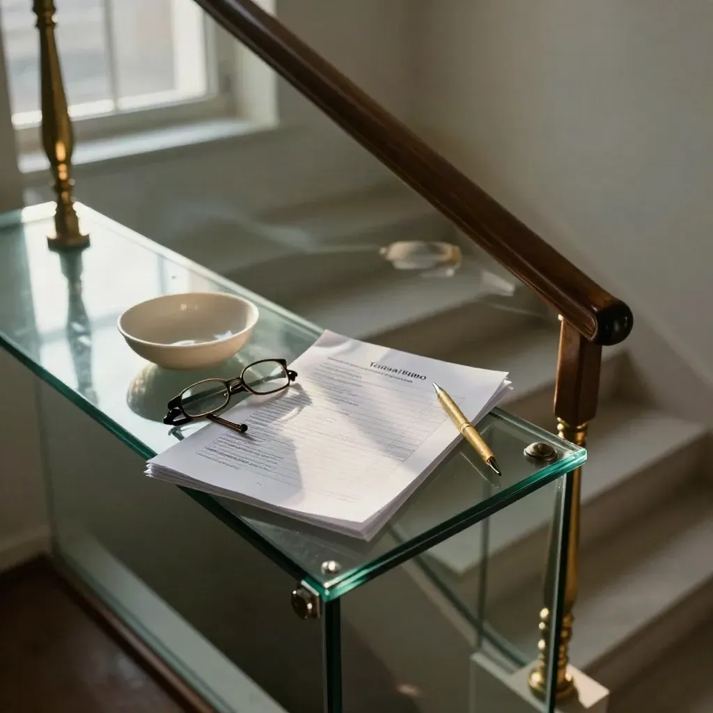 Glass stair landing with transfer folio, glasses, brass pen and bowl in cool winter light.