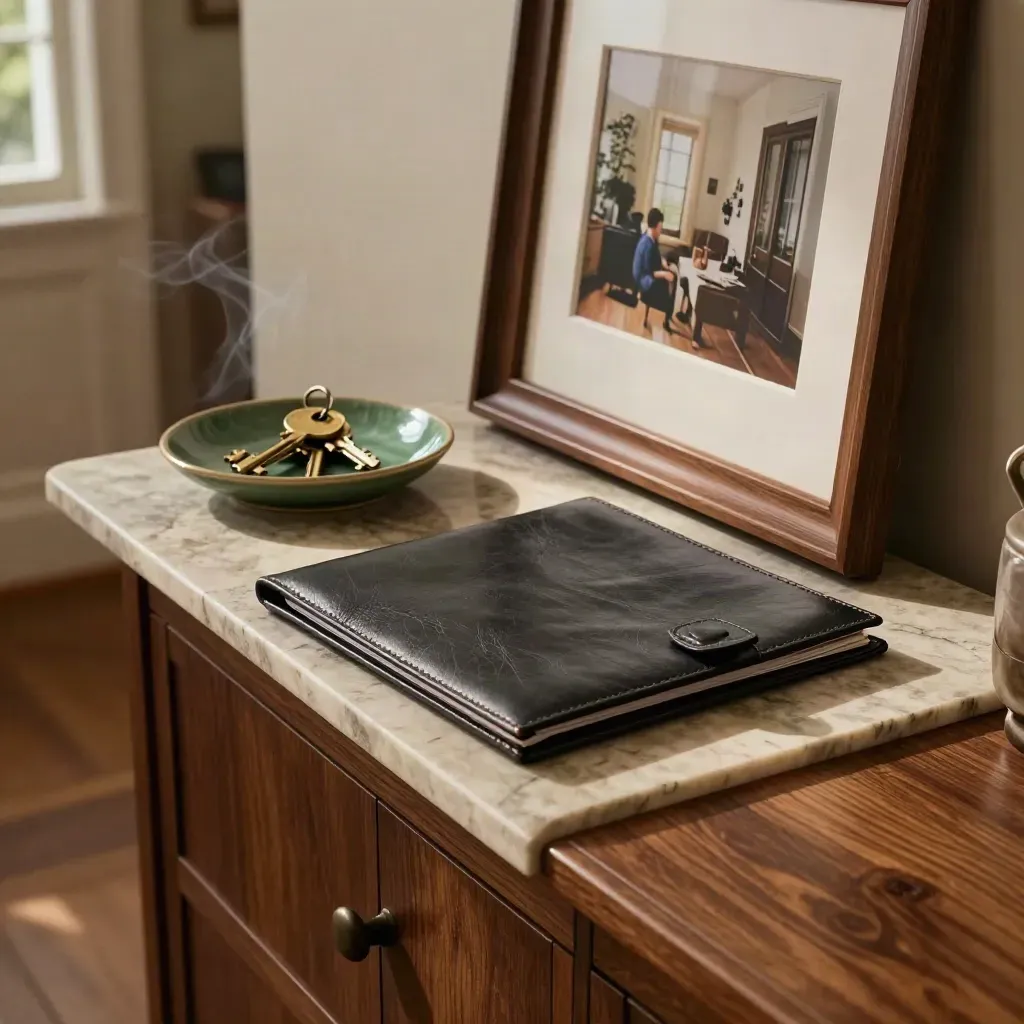 Dusk hallway console with closed ledger folder, keys and face-down family photo.