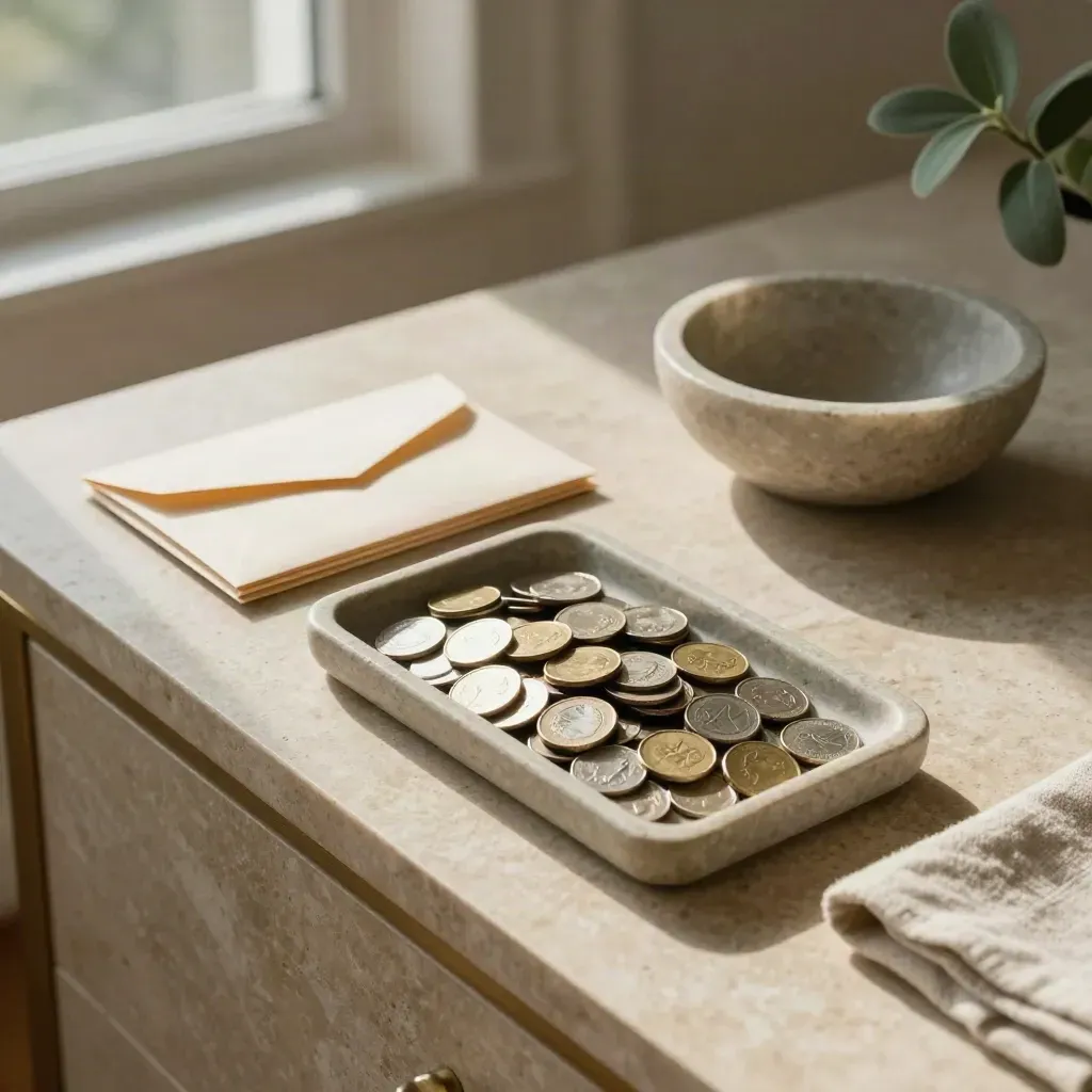 Coins, sealed envelopes and a stone bowl on a sunlit limestone sideboard beside a houseplant.