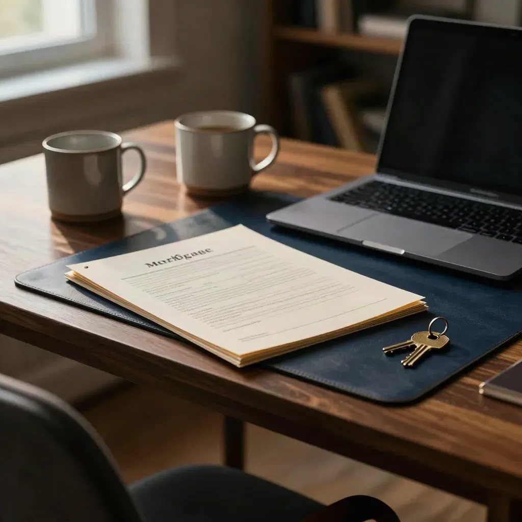 Low-angle home office still life with mortgage folder, closed laptop, mug and house key