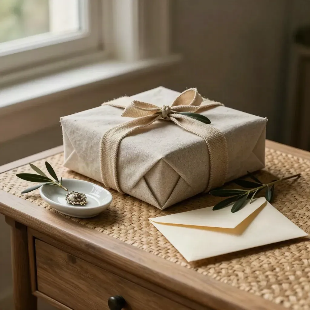 Gift box, brooch dish, olive branch, and envelope on a pale plaster console.