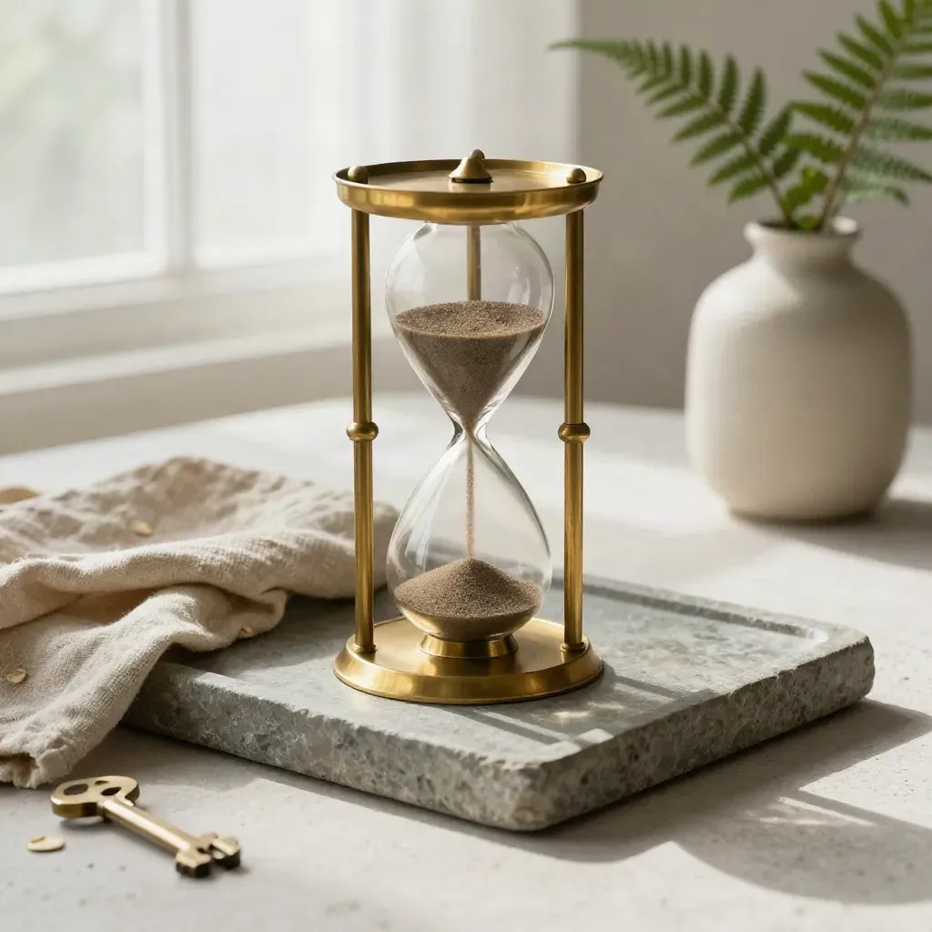Brass hourglass on stone tray with linen and fern on a pale neutral surface