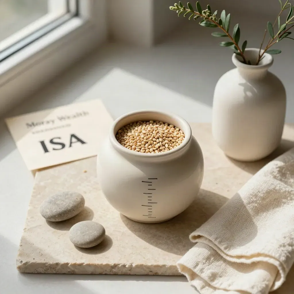 Overhead savings jar flatlay with cloth, pebbles and sprig on pale stone.
