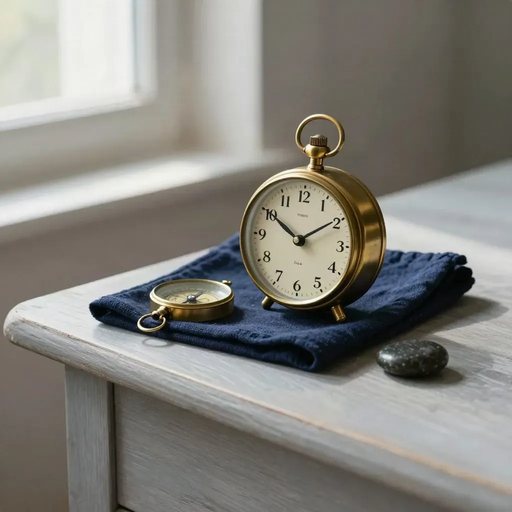 Brass travel clock with navy cloth, compass and dark stone on pale wood.