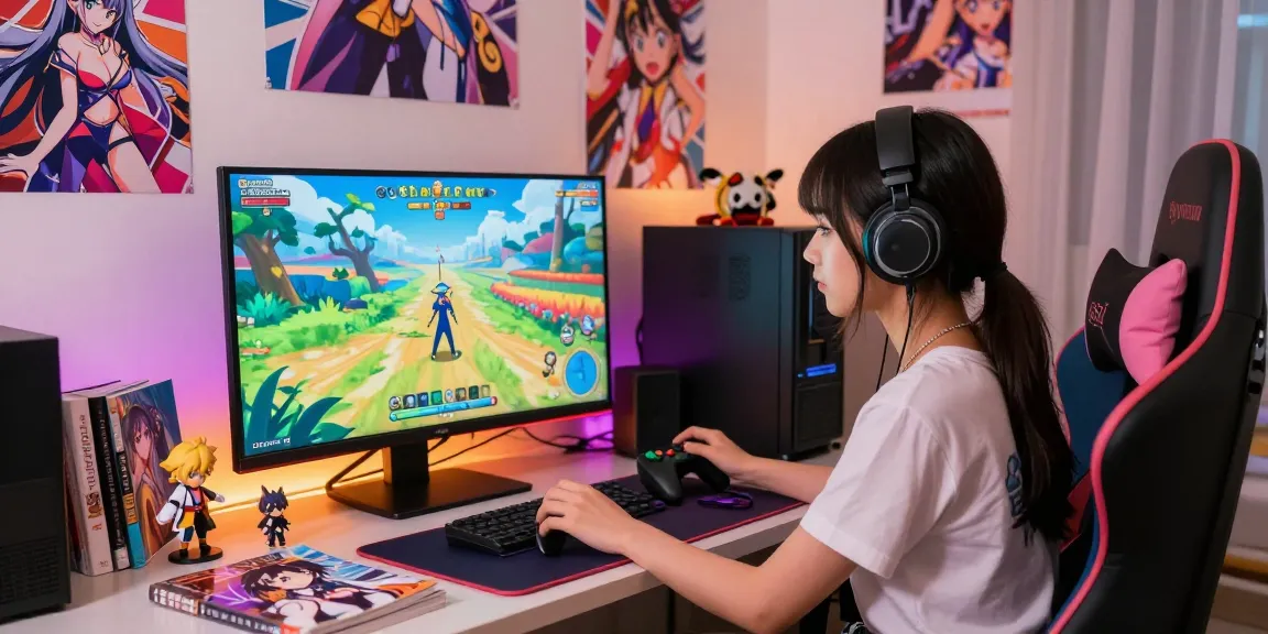 Engaging character in ecchi games at colorful gaming setup with dynamic visuals and collectibles.
