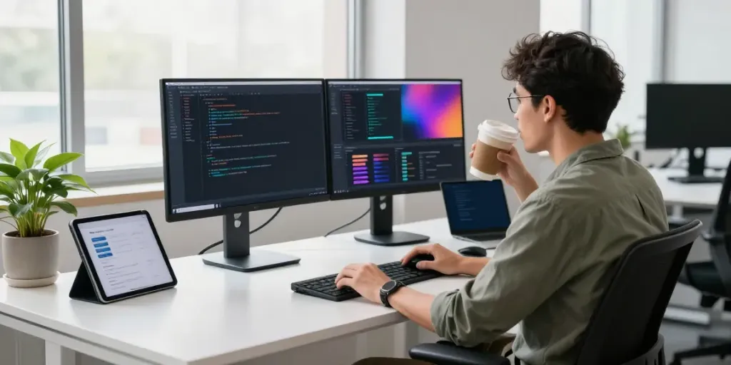 Developer working in a modern office on instant indexing solutions with dual monitors and tech gadgets.