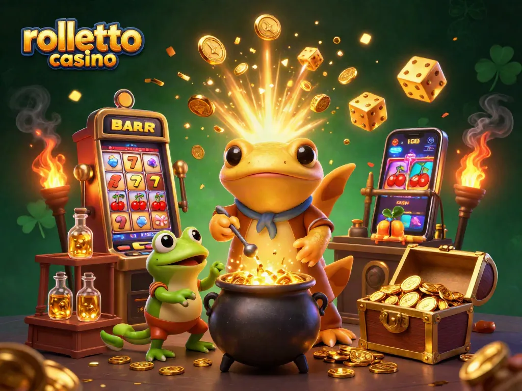 Transform gold with the rolletto casino alchemist and apprentices in a magical scene.