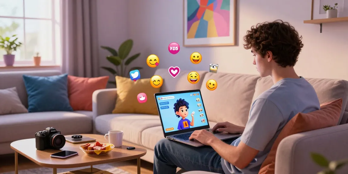 Exciting NSFW AI chat conversation on a laptop in a cozy setting with playful emojis.