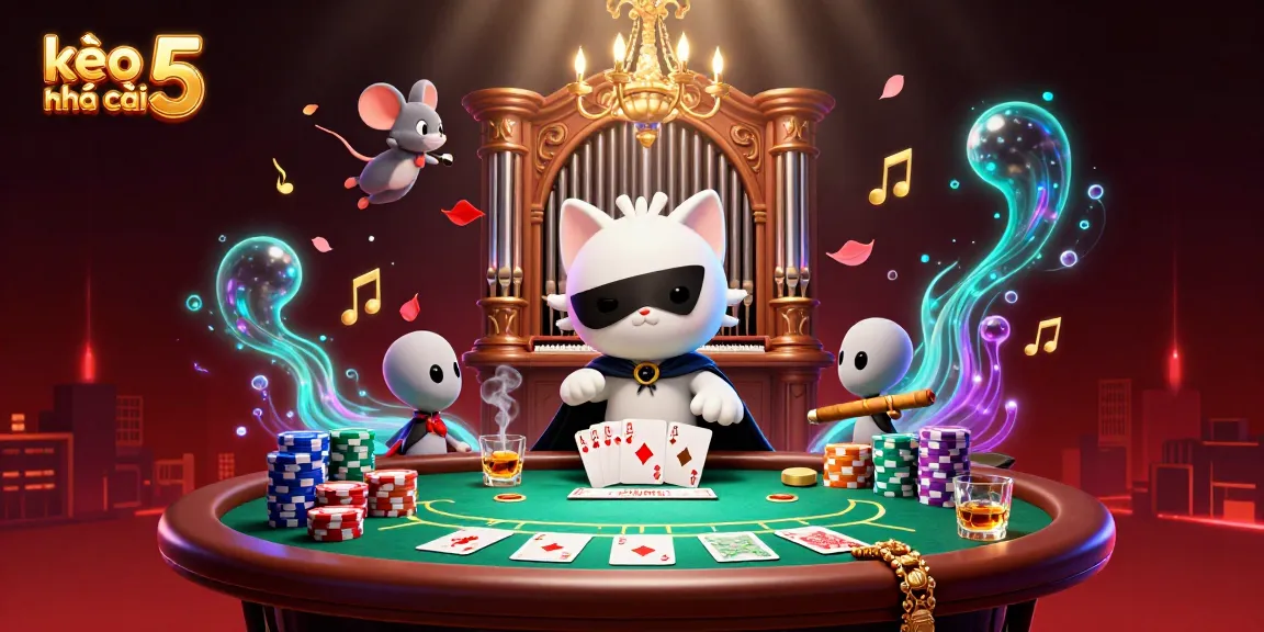 Engage with kèo nhà cái 5 through this vibrant and dynamic casino scene featuring animated characters and intense poker action.