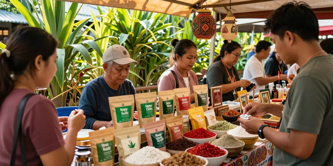 HappyGoLeafy featured at a vibrant Thai market showcasing various Kratom strains, inviting customers to explore nature’s benefits.
