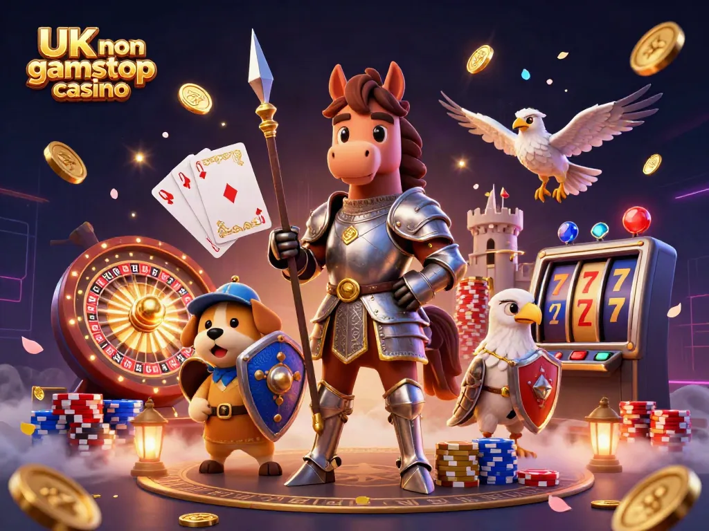 Engage in thrilling moments at a UK non gamstop casino with a vibrant 3D illustration featuring knights and casino elements.