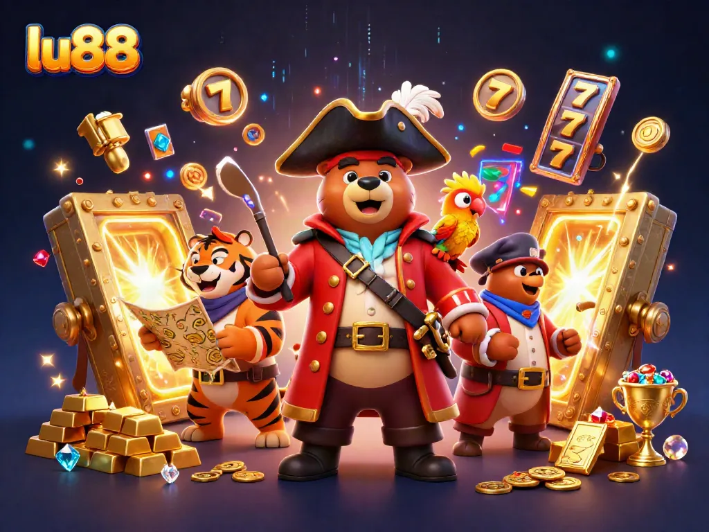 Experience exciting slot adventures with lu88, featuring a pirate captain bear and vibrant casino elements.