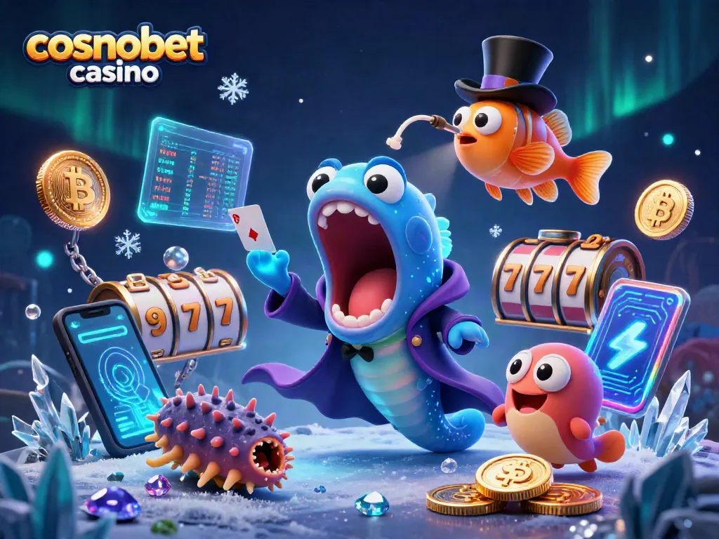 Experience thrilling magic tricks with a gulper eel at cosmobet casino, surrounded by vibrant gaming elements.