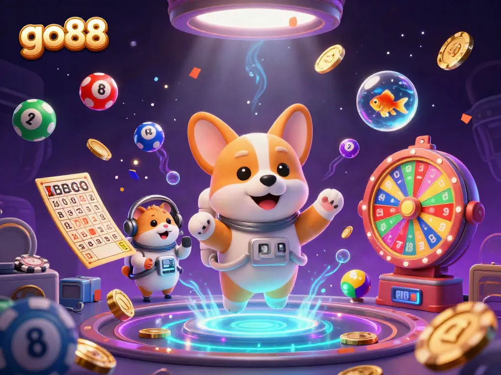 Engage with go88's vibrant casino world, featuring an astronaut corgi and dynamic animated elements.