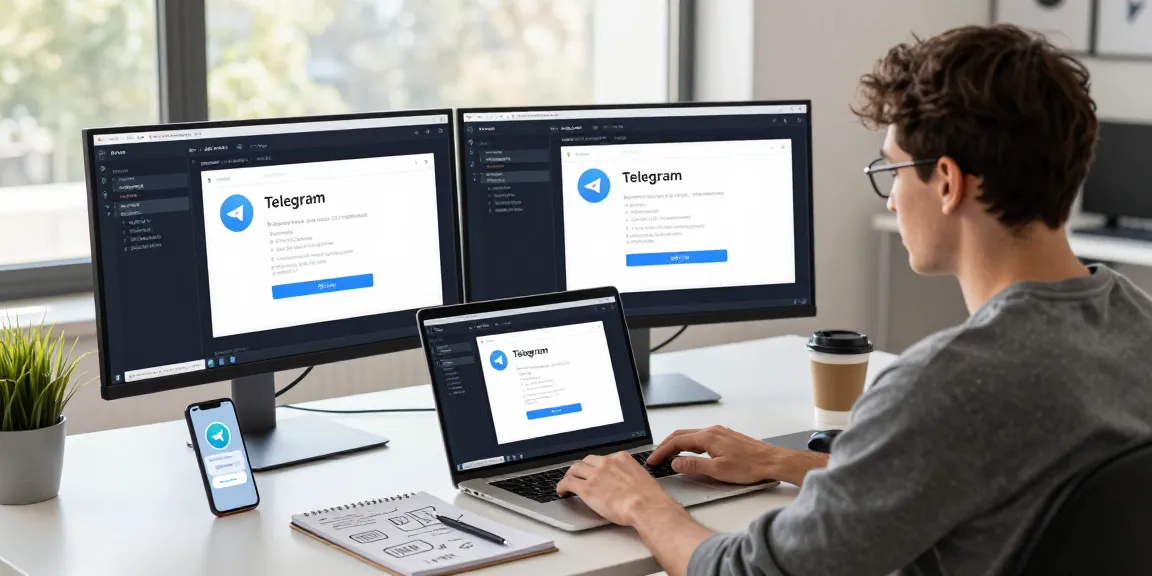 使用Telegram下载进行高效通信的现代工作空间，显示办公环境和编程活动