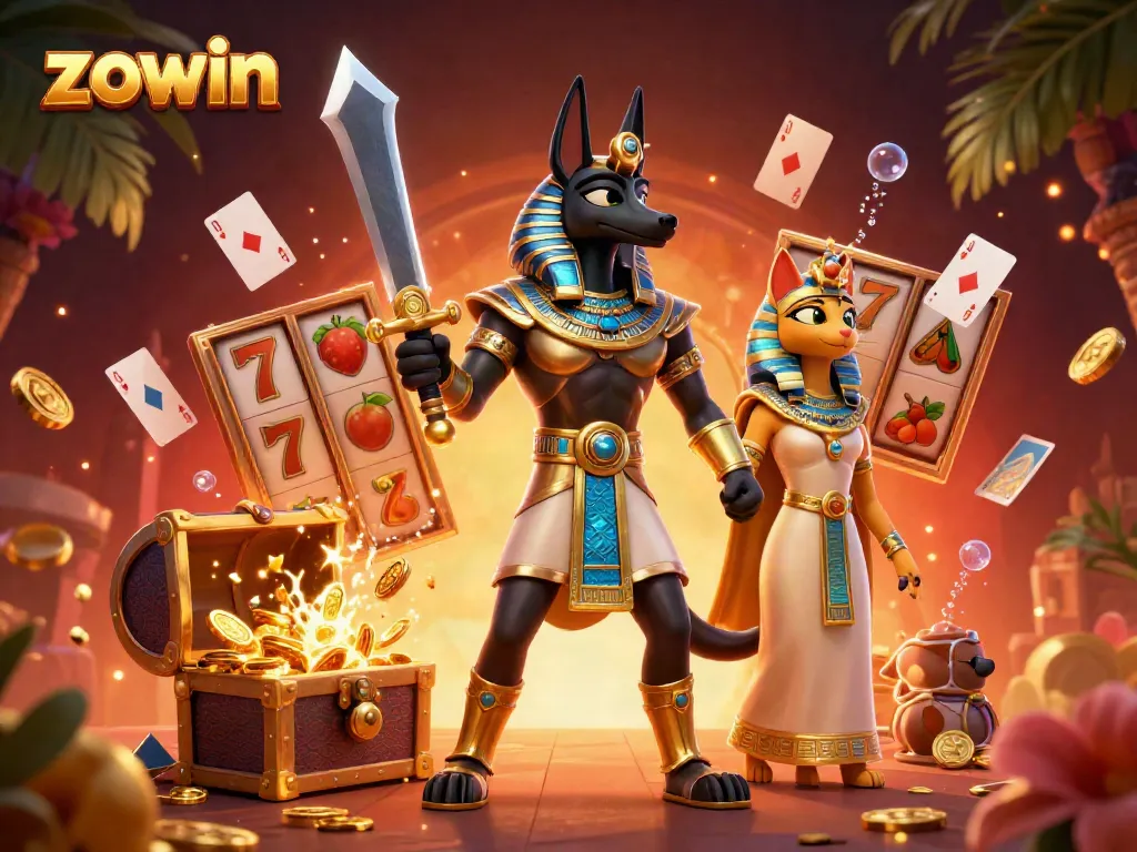 Immerse in the vibrant zowin casino scene featuring an Egyptian warrior and sacred cat with dynamic slot elements.