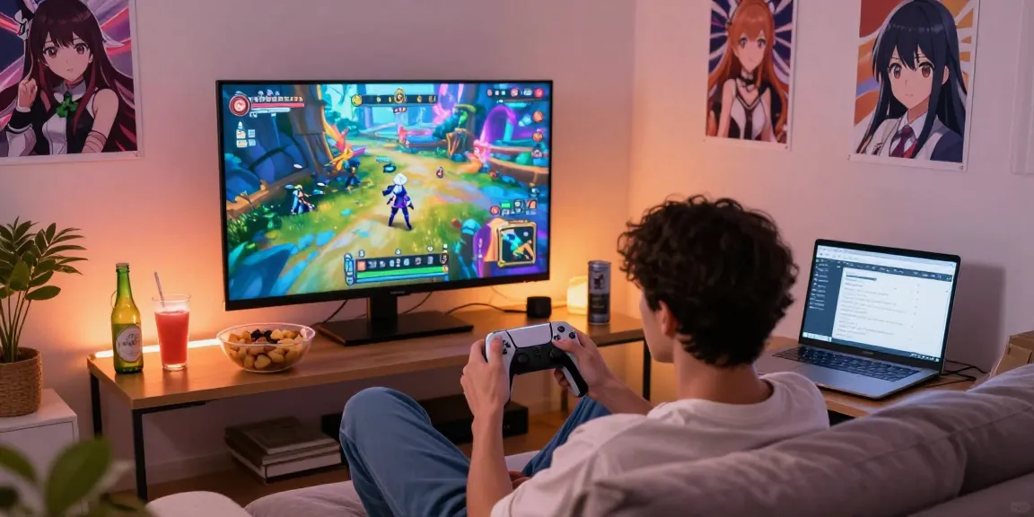 Engaged player enjoying a hentai game on a cozy sofa, colorful graphics enhancing the gaming atmosphere.
