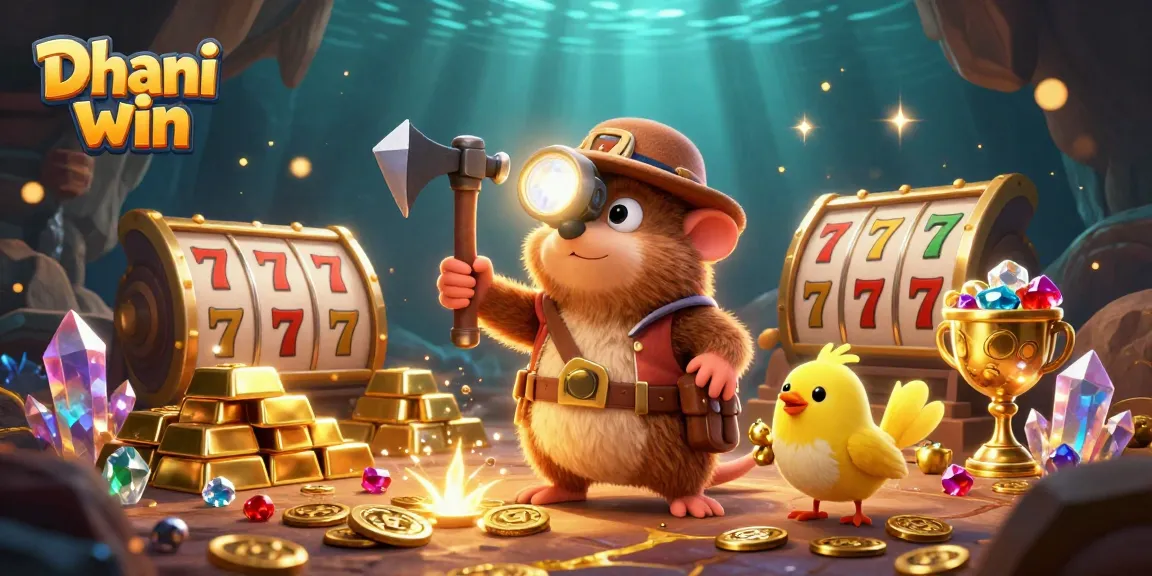 Dhani win reveals excitement in a dynamic slot game scene featuring a treasure hunter mole amidst vibrant gems and gold.