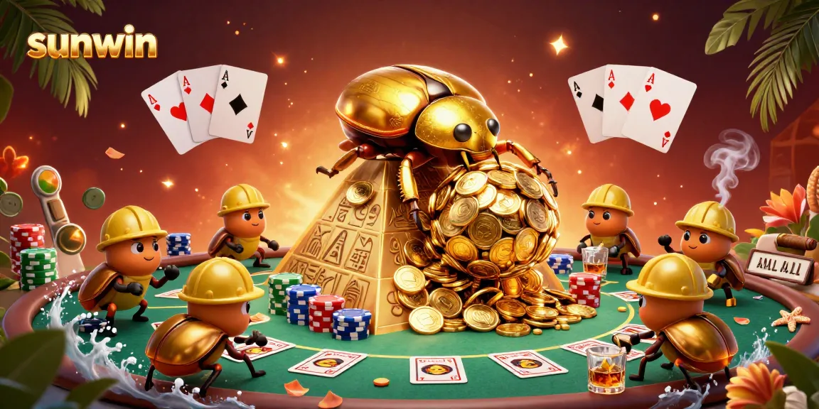 Discover sunwin's vibrant casino world with golden beetles and rich poker elements.