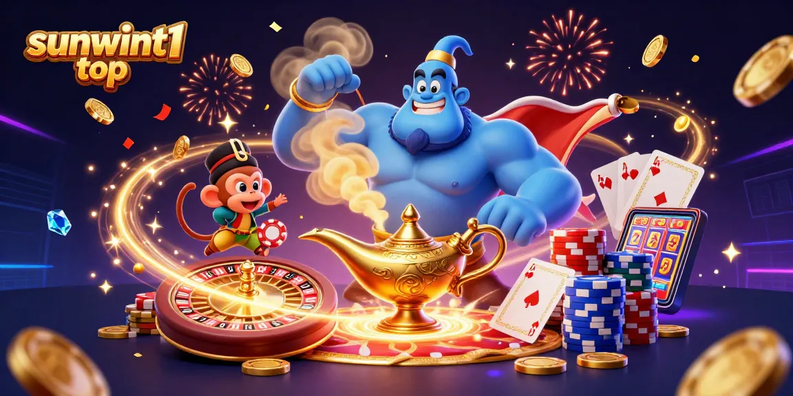 Win with excitement at sunwint1 top, featuring a vibrant casino illustration bursting with iconic gaming elements.