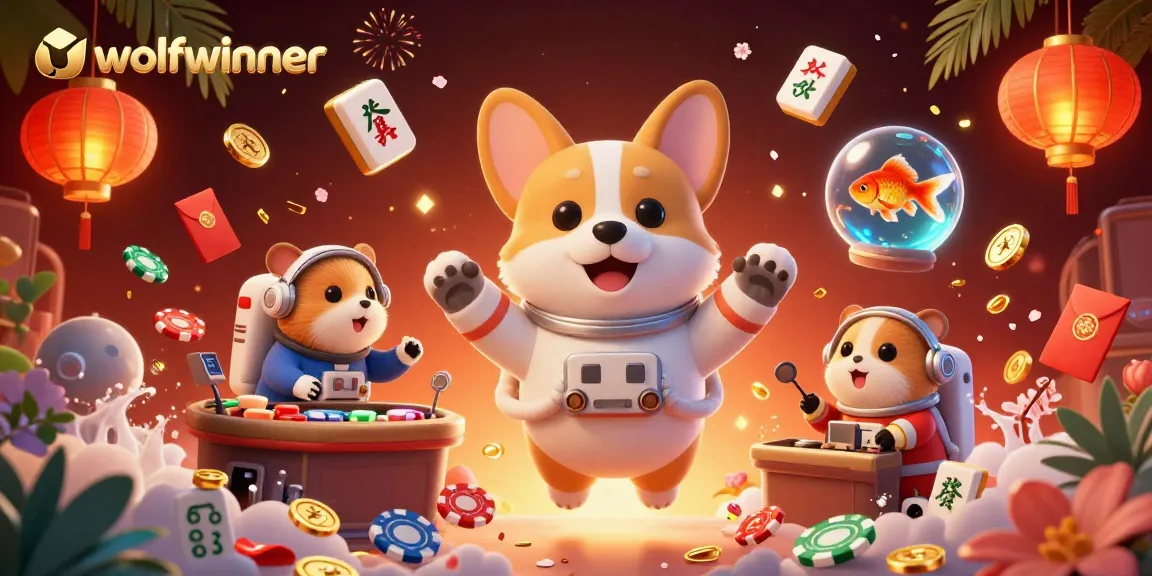 Experience the excitement of gaming at wolfwinner with a fun astronaut corgi in a vibrant casino scene.